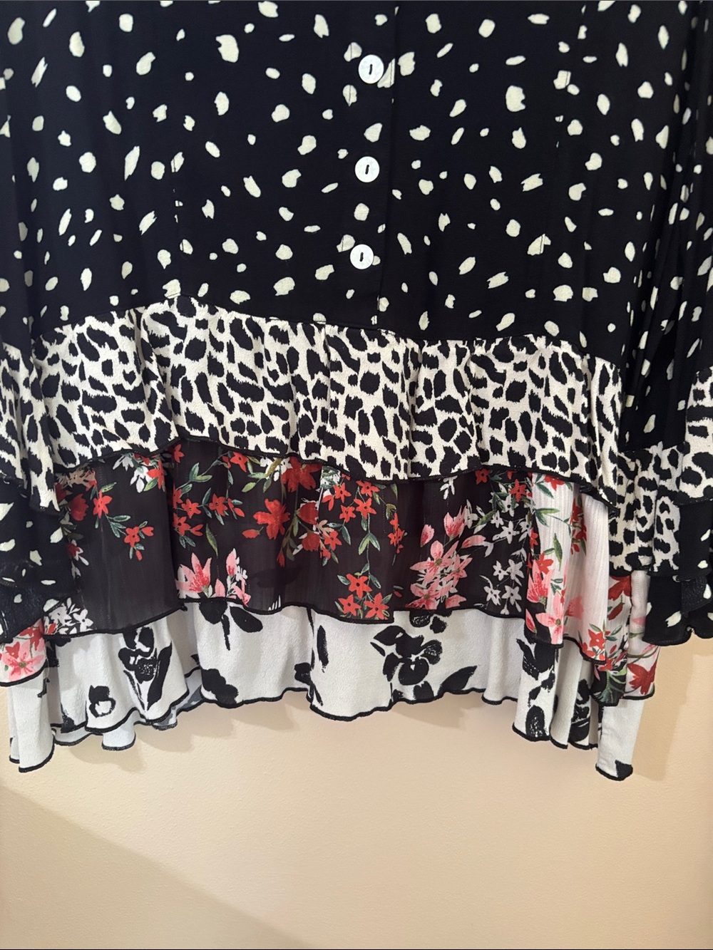 John Mark Black & White Mixed-Print Tiered Button Tunic with Floral Insets - Picture 2 of 6